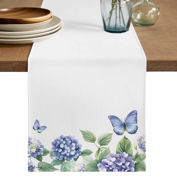Table Runner Bue Hydrangea Soft Linen Style Table Runner Cloth Blue Butterfly Dining Table Decor for Kitchen, Dining Room, Parties, Holiday & Everyday Use 13x36 Inch