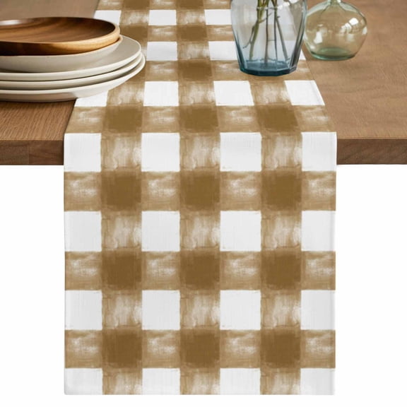 Table Runner Buffalo Check Watercolor Soft Linen Style Table Runner Cloth Brown Plaid FarmHouse Dining Table Decor for Kitchen, Dining Room, Parties, Holiday & Everyday Use 13x36 Inch