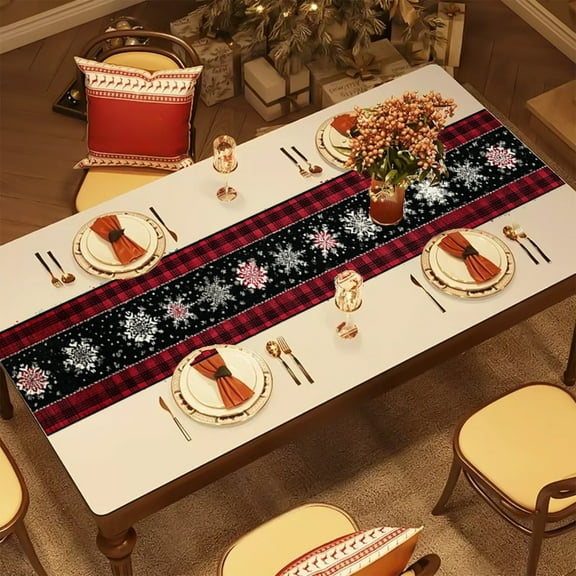 Table Runner With Buffalo Plaid Winter Snowflakes Xmas Holiday Kitchen Dining Table Decoration For Indoor Outdoor Home Party Decor Christmas Decorations 13 x 72