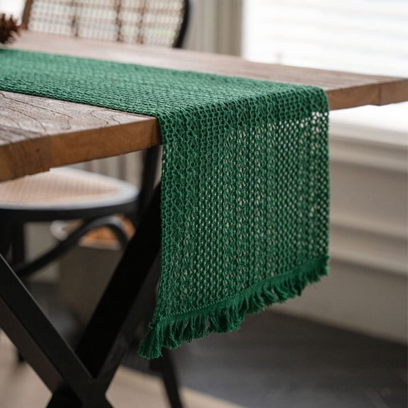 Table Runner Burlap Table Runners Cotton Linen with Tassel Green Boho Table Runner for Rustic Wedding Party Modern, 86 Inch