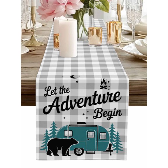 Table Runner Camper Van Bear Table Runners Let The Adventure Begin Moon Plaid Cotton Linen Dresser Scarf Kitchen Dining Table Decor for Home Dinner Party Decor 13x36 Inch