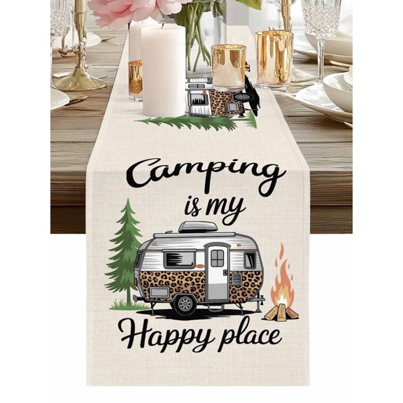 Table Runner Camping Is My Happy Place Table Runners Camper Van Tree Flame Cotton Linen Dresser Scarf Kitchen Dining Table Decor for Holiday Party Home Decor 13x36 Inch