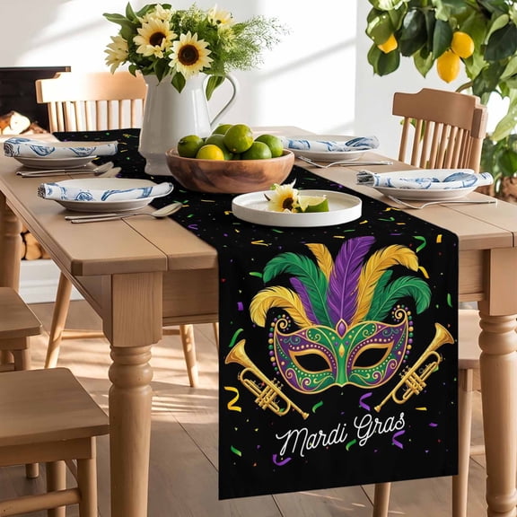 Table Runner Carnival Mask Feather Trumpet Dresser Scarves 13x70 Inch,Linen Table Runners Celebration Ribbon on Black Tablerunner for Home Dining Indoor Outdoor Wedding Party Tabletop Decor