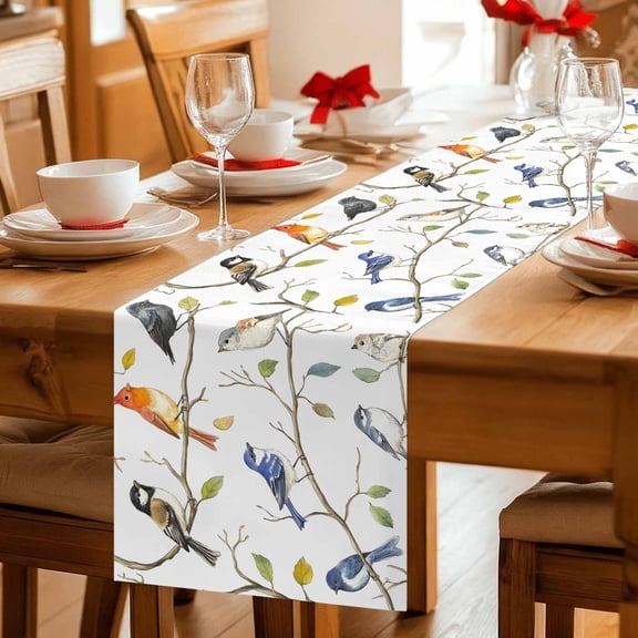 Table Runner Cartoon Bird on Branch Dresser Scarves 13x36 Inch,Linen Table Runners Colorful Leaf Animal Portrait Tablerunner for Home Dining Indoor Outdoor Wedding Party Tabletop Decor