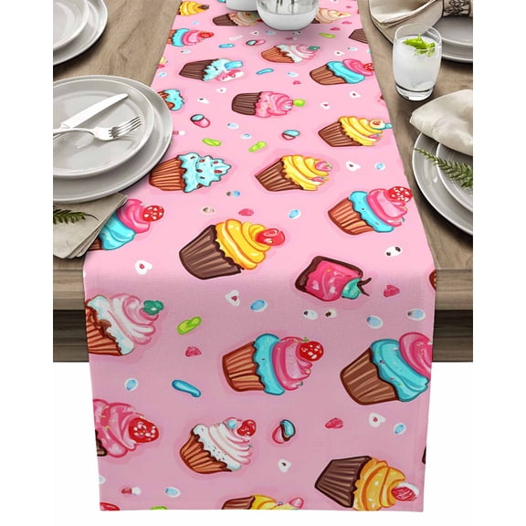 Table Runner Cartoon Cakes Food Table Decoration for Kitchen Dinning Pink Painting Table Decoration for Indoor Outdoor Party Wedding Decor 13x72inch