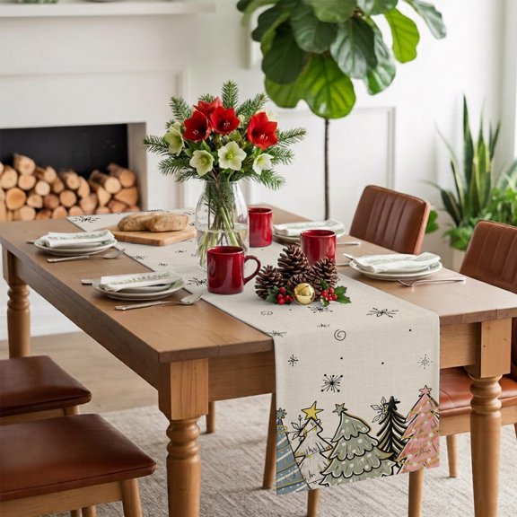 Table Runner Cartoon Christmas Tree Snowflake Dresser Scarves 13x36 Inch Linen Table Runners Pine Trees Retro Linen Tablerunner for Home Dining Indoor Outdoor Wedding Party Tabletop Decor