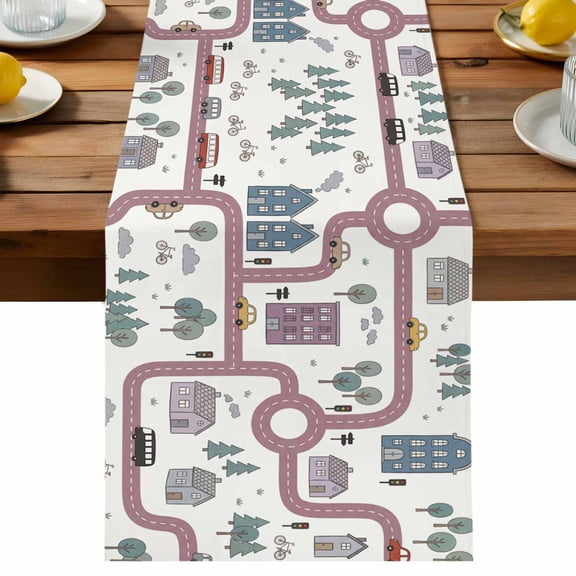 Table Runner Cartoon City Map Decorative Table Runner for Kitchen Country Pink Road Car Bus Bike House Tree Dinning Runner for Party Wedding Holiday Indoor Outdoor 13x36inch