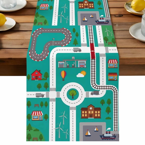 Table Runner Cartoon City Map Decorative Table Runner for Kitchen Road Toy Car House School Tree Sun Dinning Runner for Party Wedding Holiday Indoor Outdoor 13x36inch
