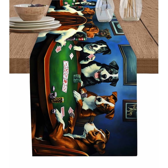 Table Runner Cartoon Dog Playing Cards Table Decoration for Kitchen Dinning Games Table Decoration for Indoor Outdoor Party Wedding Decor 13x90 Inch