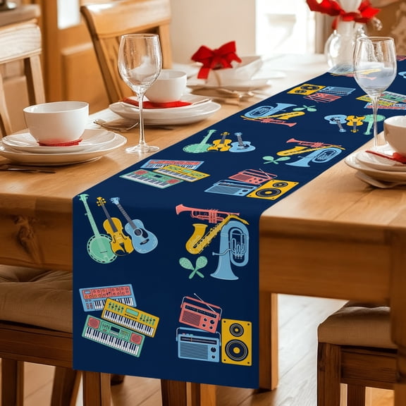 Table Runner Cartoon Instruments on Navy Blue Dresser Scarves 13x36 Inch,Linen Table Runners Colorful Guitars Piano Tablerunner for Home Dining Indoor Outdoor Wedding Party Tabletop Decor