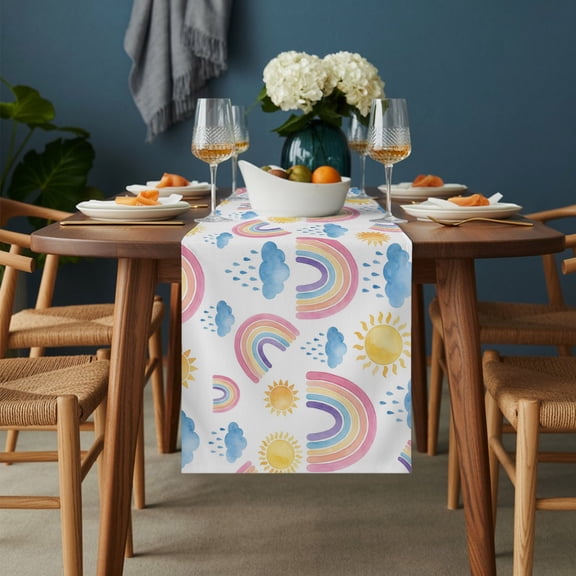 Table Runner Cartoon Rainbow Cloud Sun Dresser Scarves 13x36 Inch,Linen Table Runners Modern Abstract Style Tablerunner for Home Dining Indoor Outdoor Wedding Party Tabletop Decor