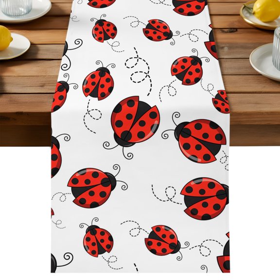 Table Runner Cartoon Red Ladybirds Decorative Table Runner for Kitchen White Dinning Runner for Party Wedding Holiday Indoor Outdoor 13x36inch