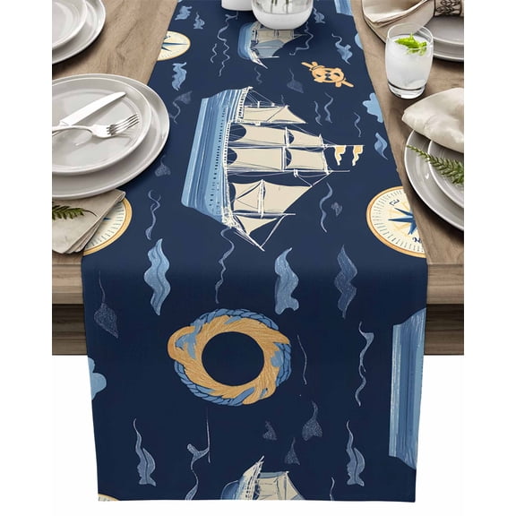 Table Runner Cartoon Sailboat Ocean Table Decoration for Kitchen Dinning Nautical Compass Table Decoration for Indoor Outdoor Party Wedding Decor 13x90inch