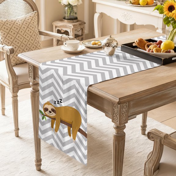 Table Runner Cartoon Sloth Tree Branch Dresser Scarves 13x36 Inch,Linen Table Runners Gray Chevron Stripe Animal Tablerunner for Home Dining Indoor Outdoor Wedding Party Tabletop Decor