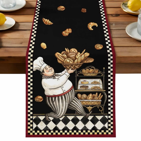 Table Runner Chef Carrying Bread Table Runners Bakery Display Black Buffalo Plaid Cotton Linen Dresser Scarf Kitchen Dining Table Decor for Holiday Party Decor 13x36 Inch