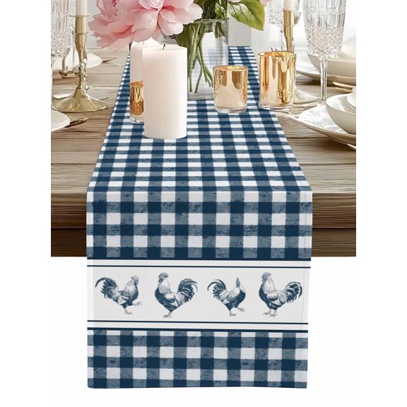 Table Runner Chicken Cock Rooster Table Runners Farmhouse Animal Blue Plaid Cotton Linen Dresser Scarf Kitchen Dining Table Decor for Home Dinner Party Decor 13x36 Inch