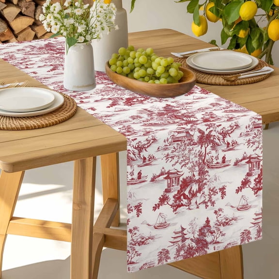 Table Runner Chinoiserie Garden Asian Scenic Dresser Scarves 13x36 Inch,Linen Table Runners Pavilion Hill Boat Tree Red Tablerunner for Home Dining Indoor Outdoor Wedding Party Tabletop Decor