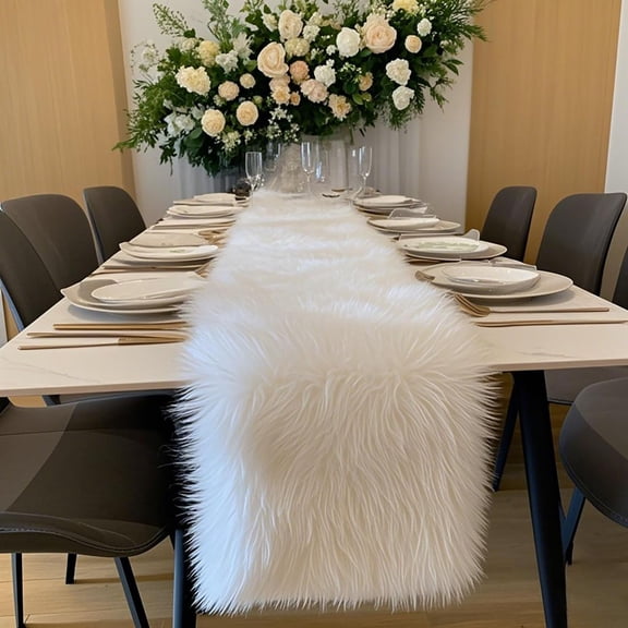 Table Runner,Christmas Fur Table Runner for Party Birthday Friendsgiving Wedding Dinning White Fur Table,Faux Fur Runner for Table(White, 12x36 Inch)