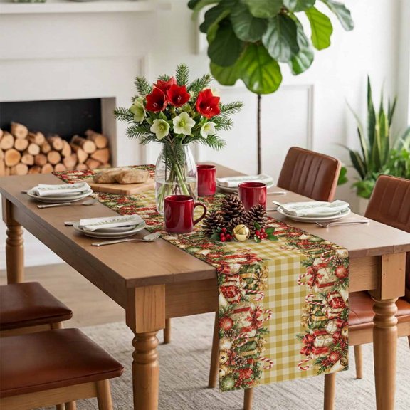 Table Runner Christmas Gift Wrapped Presents Dresser Scarves 13x36 Inch,Linen Table Runners Yellow White Plaid Tablerunner for Home Dining Indoor Outdoor Wedding Party Tabletop Decor