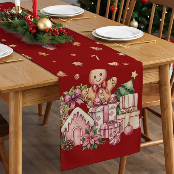 Table Runner Christmas Present Dresser Scarves 13x36 Inch,Linen Table Runners Poinsettia Holly Xmas Tree Red Tablerunner for Home Dining Indoor Outdoor Wedding Party Tabletop Decor