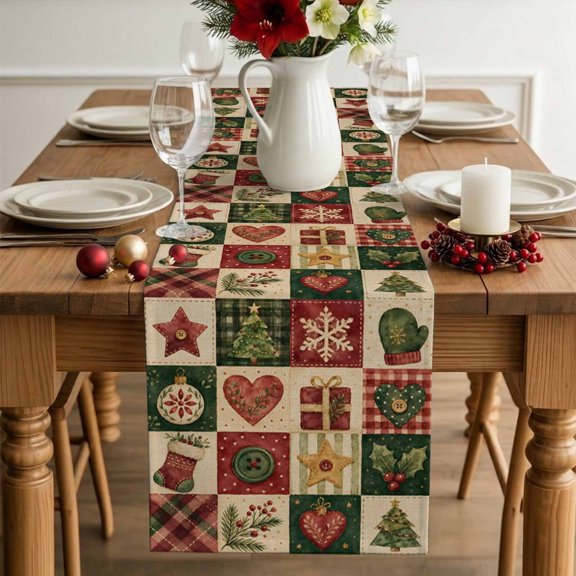 Table Runner Christmas Theme Check Dresser Scarves 13x72 Inch,Linen Table Runners Holly Berry Xmas Tree Snow Tablerunner for Home Dining Indoor Outdoor Wedding Party Tabletop Decor