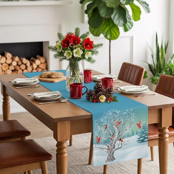 Table Runner Christmas Tree Cardinal Bird Dresser Scarves 13x36 Inch Linen Table Runners Winter Snowy Season Tablerunner for Home Dining Indoor Outdoor Wedding Party Tabletop Decor