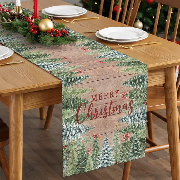 Table Runner Christmas Tree Retro Wood Plank Dresser Scarves 13x36 Inch,Linen Table Runners Winter Pine Trees Tablerunner for Home Dining Indoor Outdoor Wedding Party Tabletop Decor