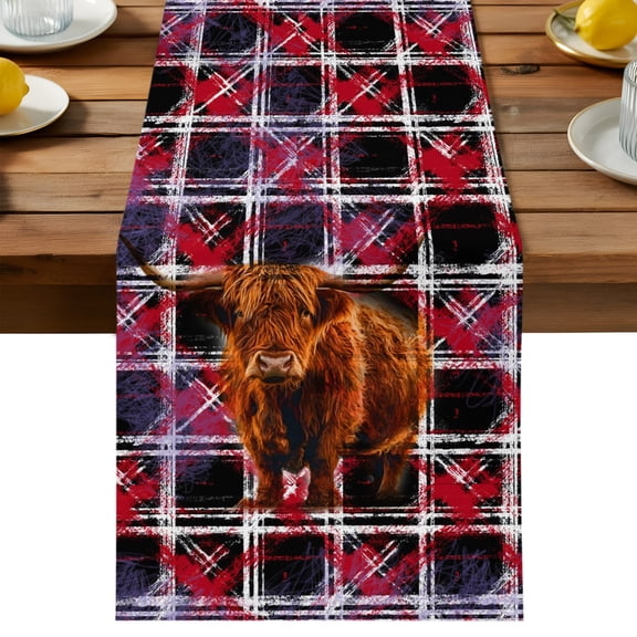 Table Runner Classic Highland Cow Decorative Table Runner for Kitchen Abstract Purple Red Black Buffalo Plaid Dinning Runner for Party Wedding Holiday Indoor Outdoor 13x36inch