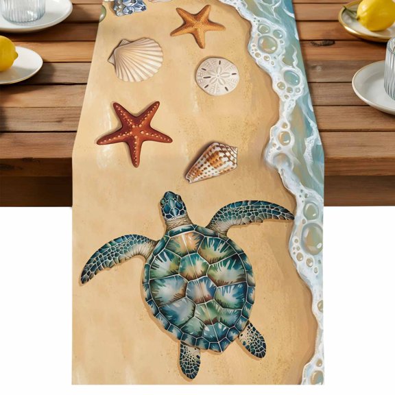 Table Runner Coastal Beach Decorative Table Runner for Kitchen Summer Nautical Turtle Shell Coral Starfish Dinning Runner for Party Wedding Holiday Indoor Outdoor 13x36inch