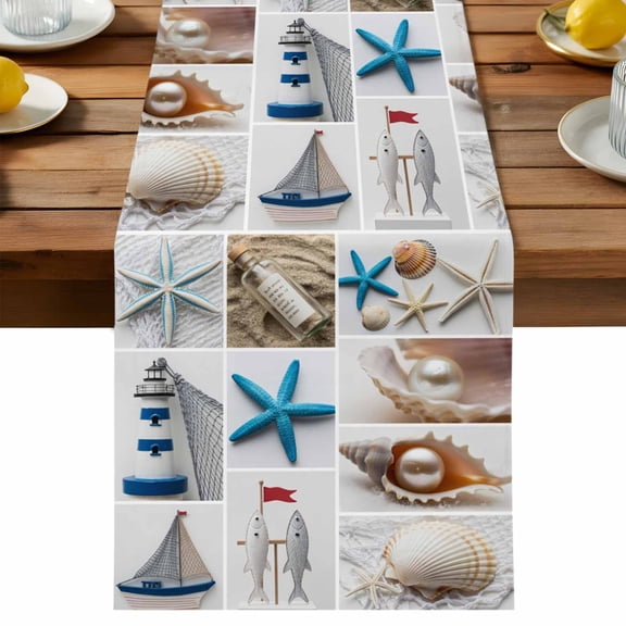 Table Runner Coastal Beach Themed Decorative Table Runner for Kitchen Summer Ocean Starfish Shell Boat Dinning Runner for Party Wedding Holiday Indoor Outdoor 13x90inch