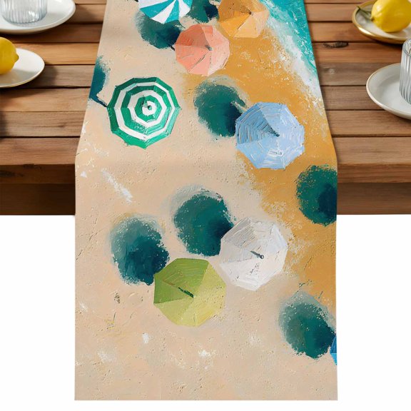 Table Runner Coastal Beach Umbrellas Decorative Table Runner for Kitchen Summer Blue Ocean Sandy Shore Dinning Runner for Party Wedding Holiday Indoor Outdoor 13x36inch