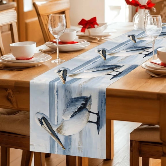 Table Runner Coastal Beach White Pelican Dresser Scarves 13x36 Inch,Linen Table Runners Ocean Wave Seaside Bird Tablerunner for Home Dining Indoor Outdoor Wedding Party Tabletop Decor