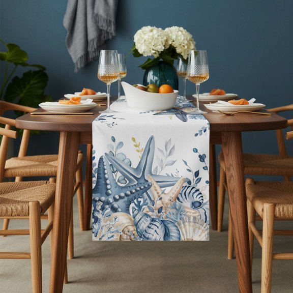 Table Runner Coastal Blue Khaki Starfish Conch Dresser Scarves 13x36 Inch,Linen Table Runners Rural Gradient Eucalyptus Tablerunner for Home Dining Indoor Outdoor Wedding Party Tabletop Decor