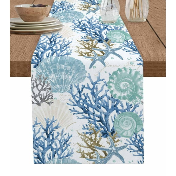 Table Runner Coastal Blue Teal Coral Shell Table Decoration for Kitchen Dinning Ocean Marine Table Decoration for Indoor Outdoor Party Wedding Decor 13x72inch