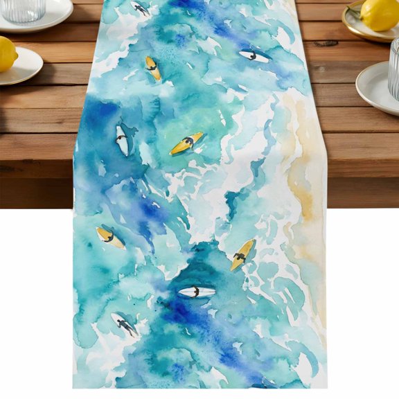 Table Runner Coastal Ocean Waves Decorative Table Runner for Kitchen Watercolor Surfing Beach Blue Dinning Runner for Party Wedding Holiday Indoor Outdoor 13x36inch