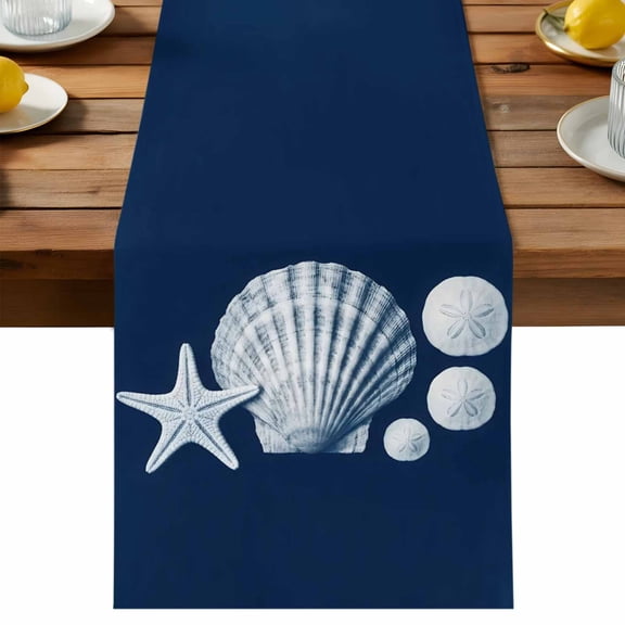 Table Runner Coastal Scallop Shell Decorative Table Runner for Kitchen Tropical Starfish Summer White Navy Dinning Runner for Party Wedding Holiday Indoor Outdoor 13x36inch