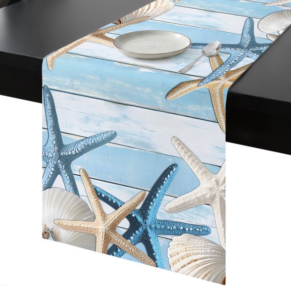 Table Runner Coastal Starfish Shell Decorative Dining Table Runner Blue White Wood Grain Kitchen Table Decoration for Home, Holiday and Party Use 13x36 Inch
