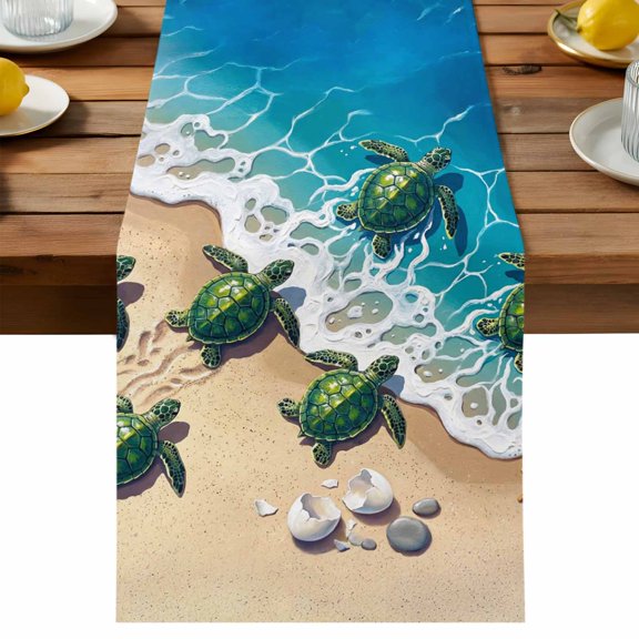 Table Runner Coastal Summer Beach Decorative Table Runner for Kitchen Tropical Green Sea Turtle Starfish Dinning Runner for Party Wedding Holiday Indoor Outdoor 13x36inch