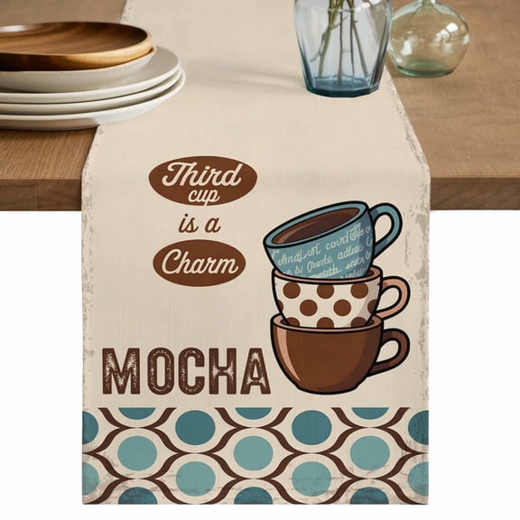 Table Runner Coffee Cup Polka Dots Soft Linen Style Table Runner Cloth Vintage Texture Dining Table Decor for Kitchen, Dining Room, Parties, Holiday & Everyday Use 13x36 Inch