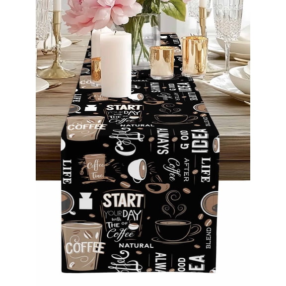 Table Runner Coffee Cup Table Runners Black Coffee Beans Day Cotton Linen Dresser Scarf Kitchen Dining Table Decor for Home Dinner Party Decor 13x36 Inch