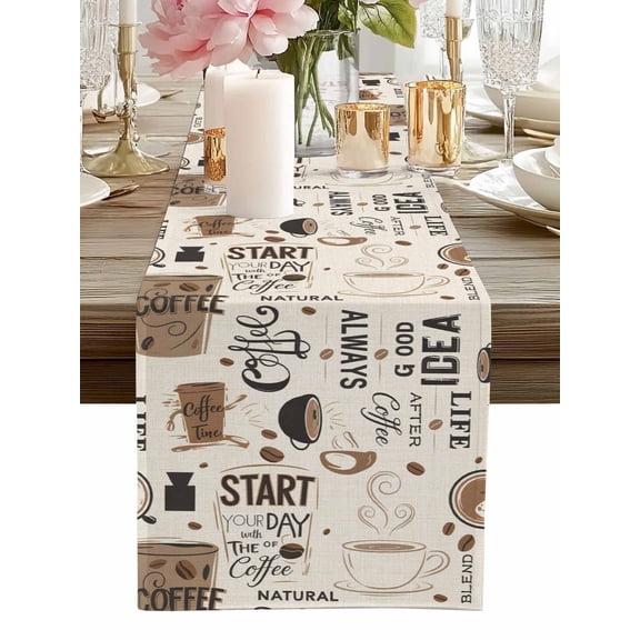 Table Runner Coffee Cup Table Runners Coffee Beans Day Cotton Linen Dresser Scarf Kitchen Dining Table Decor for Home Dinner Party Decor 13x36 Inch