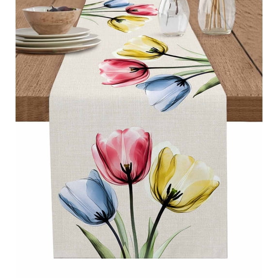 Table Runner Colorful Tulips Table Decoration for Kitchen Dinning Vintage Linen Table Decoration for Indoor Outdoor Party Wedding Decor 13x72inch