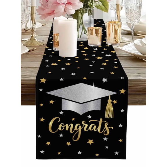 Table Runner Congrats Bachelor's Hat Table Runners Stars Graduate Season Cotton Linen Dresser Scarf Kitchen Dining Table Decor for Home Dinner Party Decor 13x36 Inch