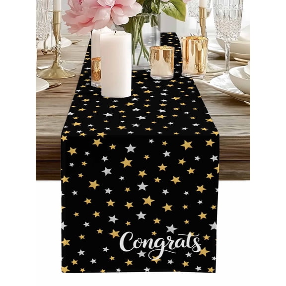 Table Runner Congrats Stars Cheers Table Runners Black Golden Cotton Linen Dresser Scarf Kitchen Dining Table Decor for Home Dinner Party Decor 13x36 Inch