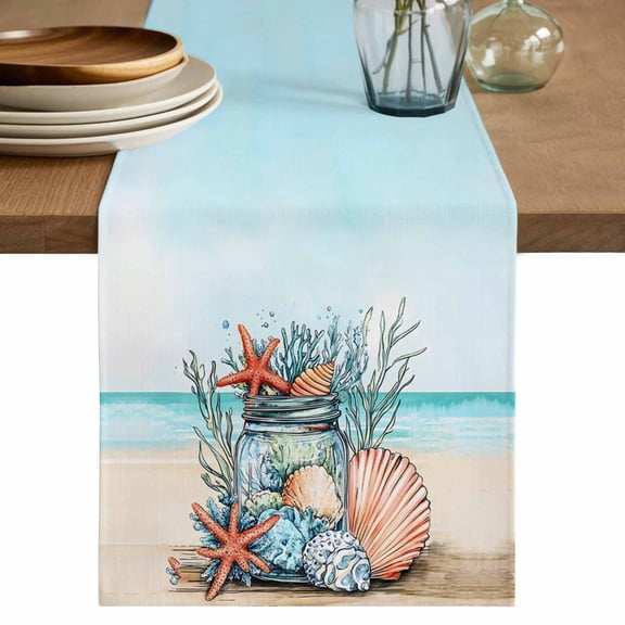Table Runner Coral Seashell Starfish Soft Linen Style Table Runner Cloth Beach Dining Table Decor for Kitchen, Dining Room, Parties, Holiday & Everyday Use 13x108 Inch