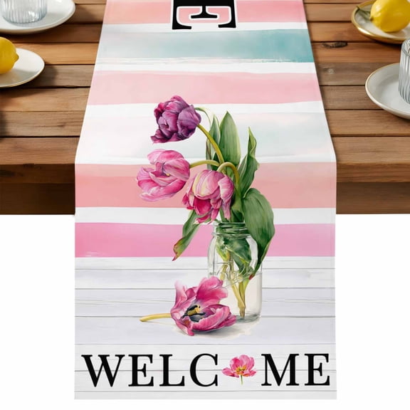 Table Runner Cottage Flora Tulip Decorative Table Runner for Kitchen Rustic Welcome Sign Pink Green Teal Vase Dinning Runner for Party Wedding Holiday Indoor Outdoor 13x36inch