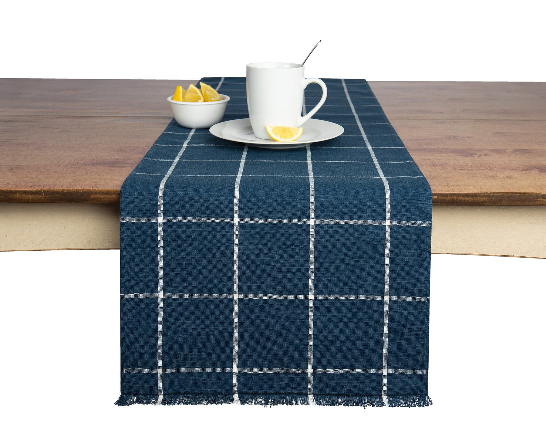 Table Runner Cotton Farmhouse Plaid 14 in x 72 in, Table Décor for Kitchen or Dining, Navy Blue Cloth Woven Table Runners, Oeko-Tex Cotton