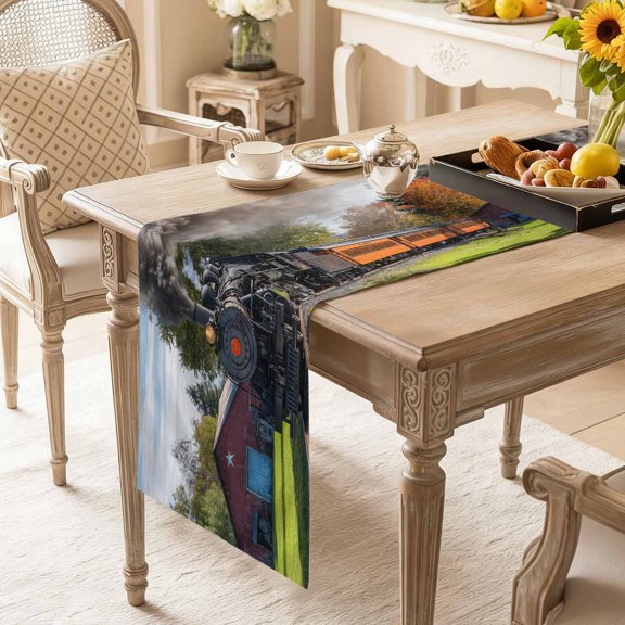 Table Runner Countryside Steam Train Dresser Scarves 13x36 Inch,Linen Table Runners Farm Scenery Tablerunner for Home Dining Indoor Outdoor Wedding Party Tabletop Decor