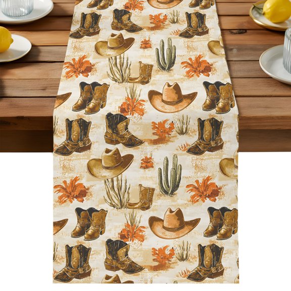 Table Runner Cowboy Hat Boots Decorative Table Runner for Kitchen Rustic Cactus Desert Dinning Runner for Party Wedding Holiday Indoor Outdoor 13x36inch