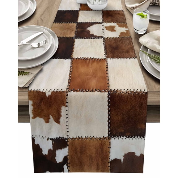Table Runner Cowhide Table Decoration for Kitchen Dinning Cow Fur Print Farm Animal Skin Brown Table Decoration for Indoor Outdoor Party Wedding Decor 13x90inch